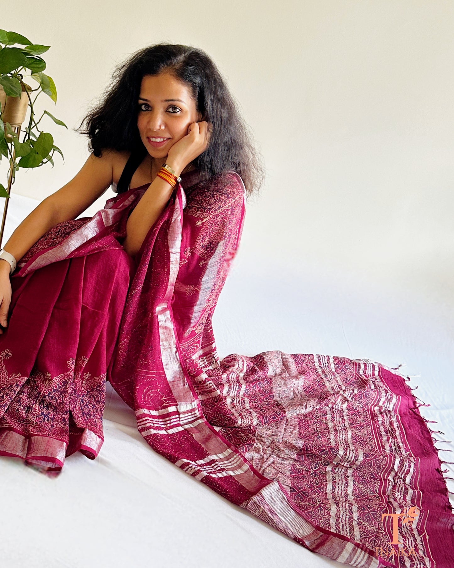 handcrafted cotton slub linen saree with traditional floral motifs