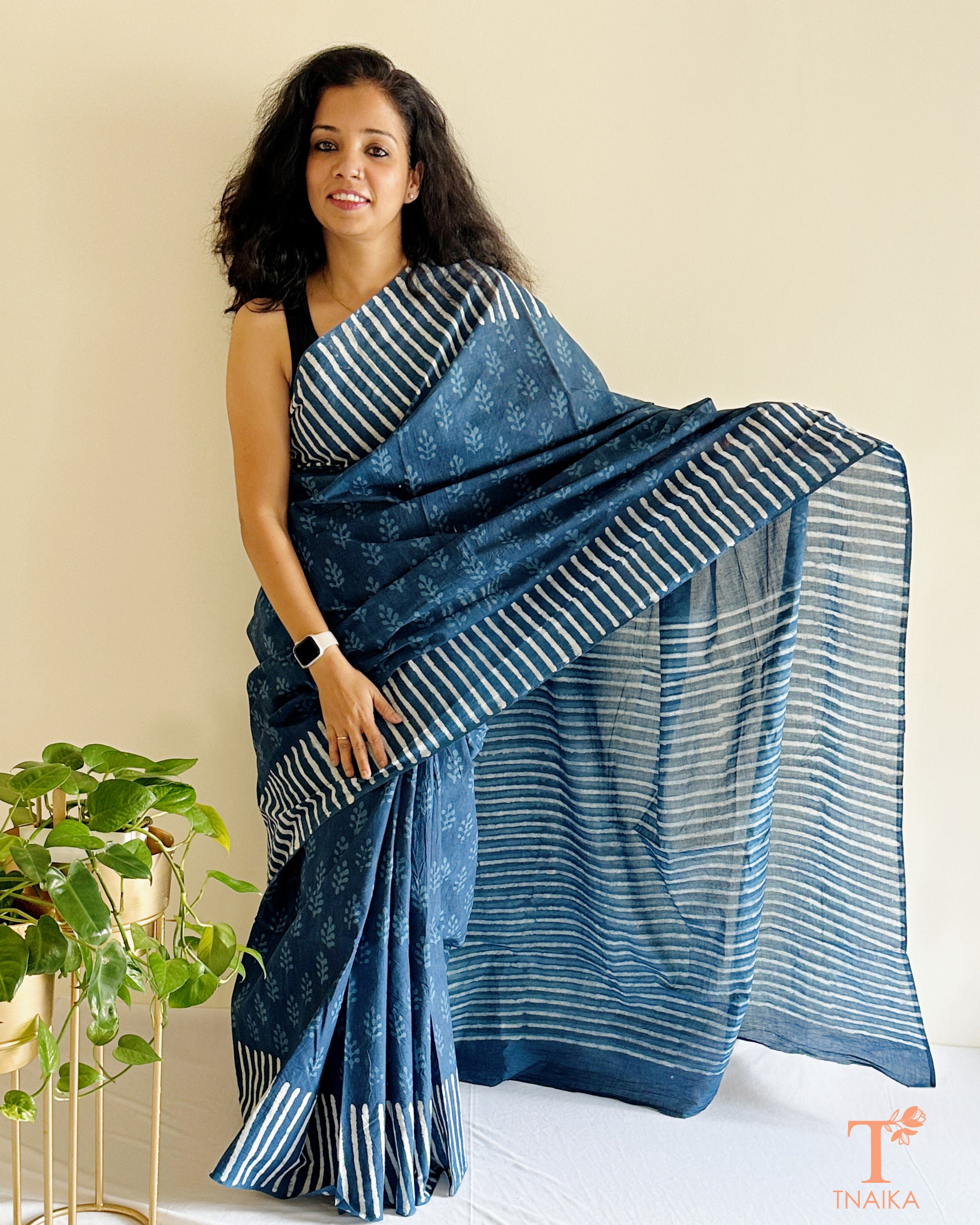 natural dye blue cotton saree with traditional block print