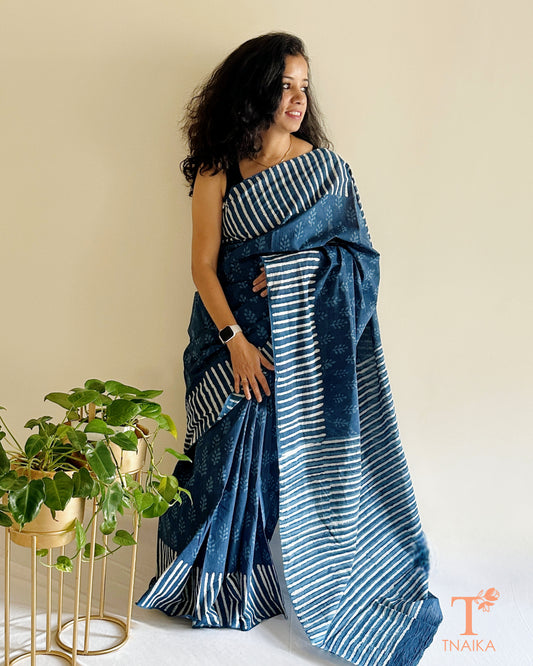 indigo blue handblock cotton saree with striped border