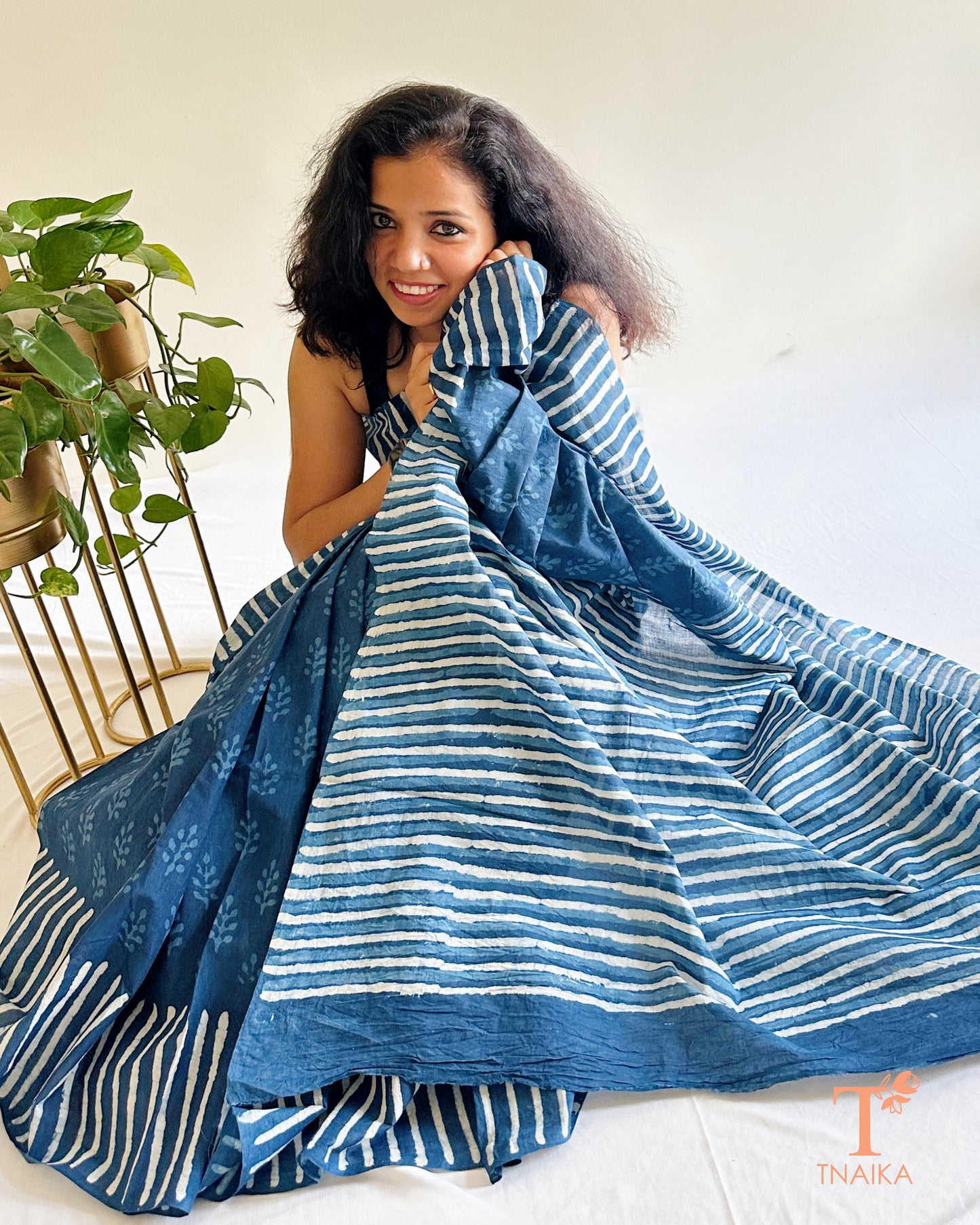 indigo blue handblock cotton saree with striped border