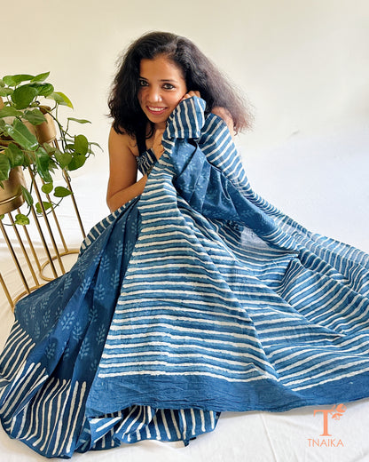 indigo blue handblock cotton saree with striped border