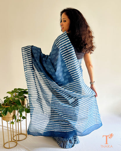 artisan indigo cotton saree draped on model