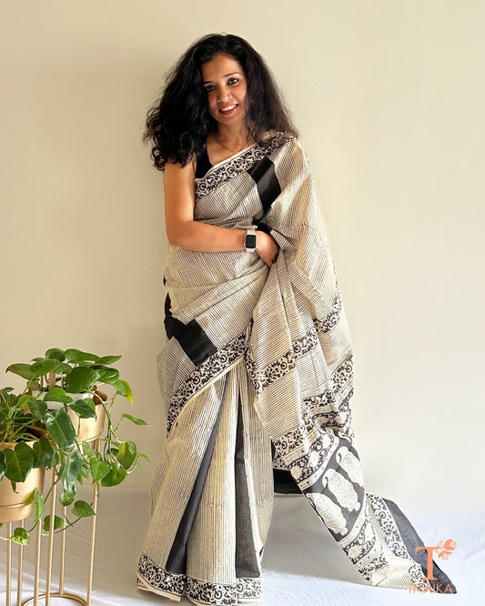 natural dye handblock cotton saree with paisley pallu