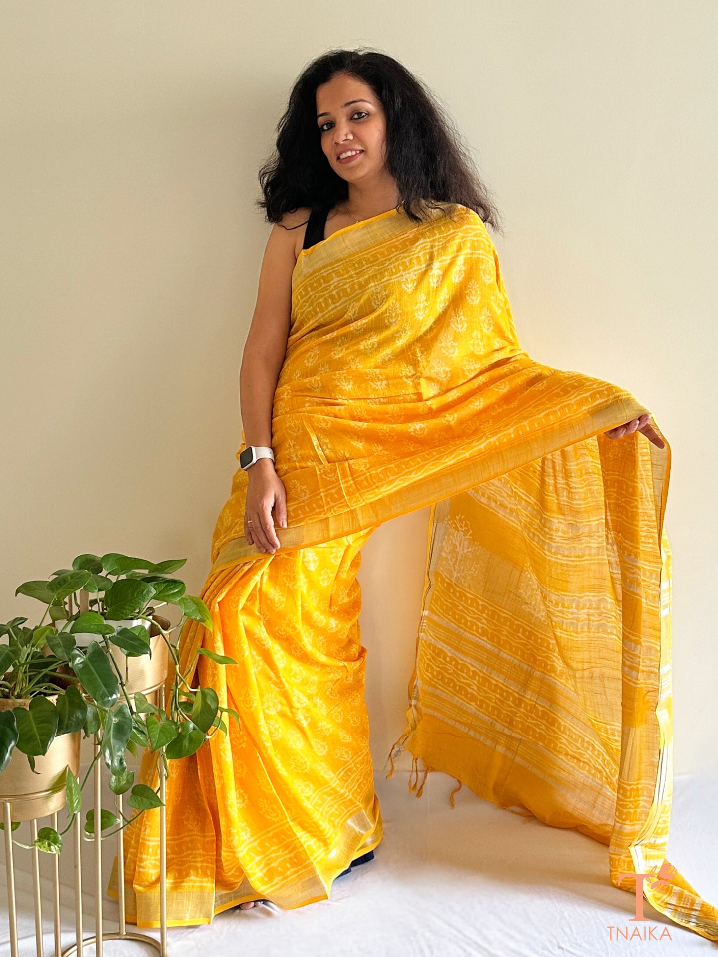 natural dye sun yellow cotton slub linen saree