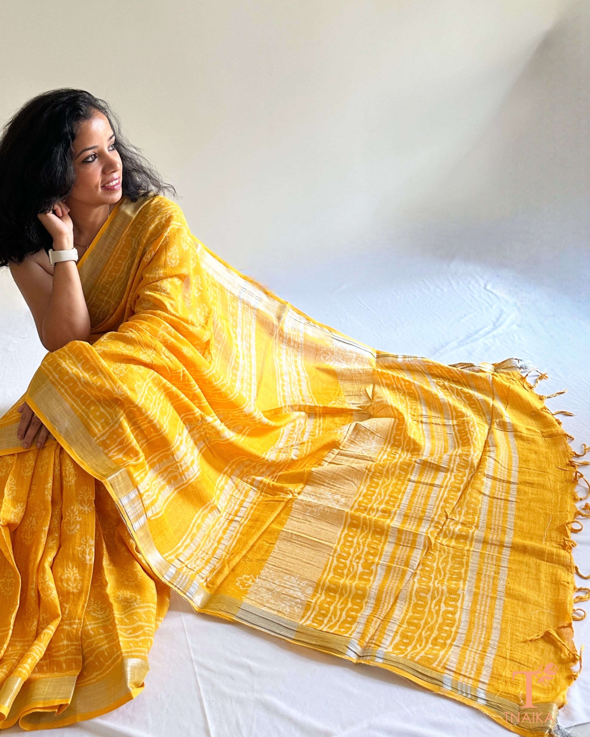 handblock printed haldi yellow linen blend saree