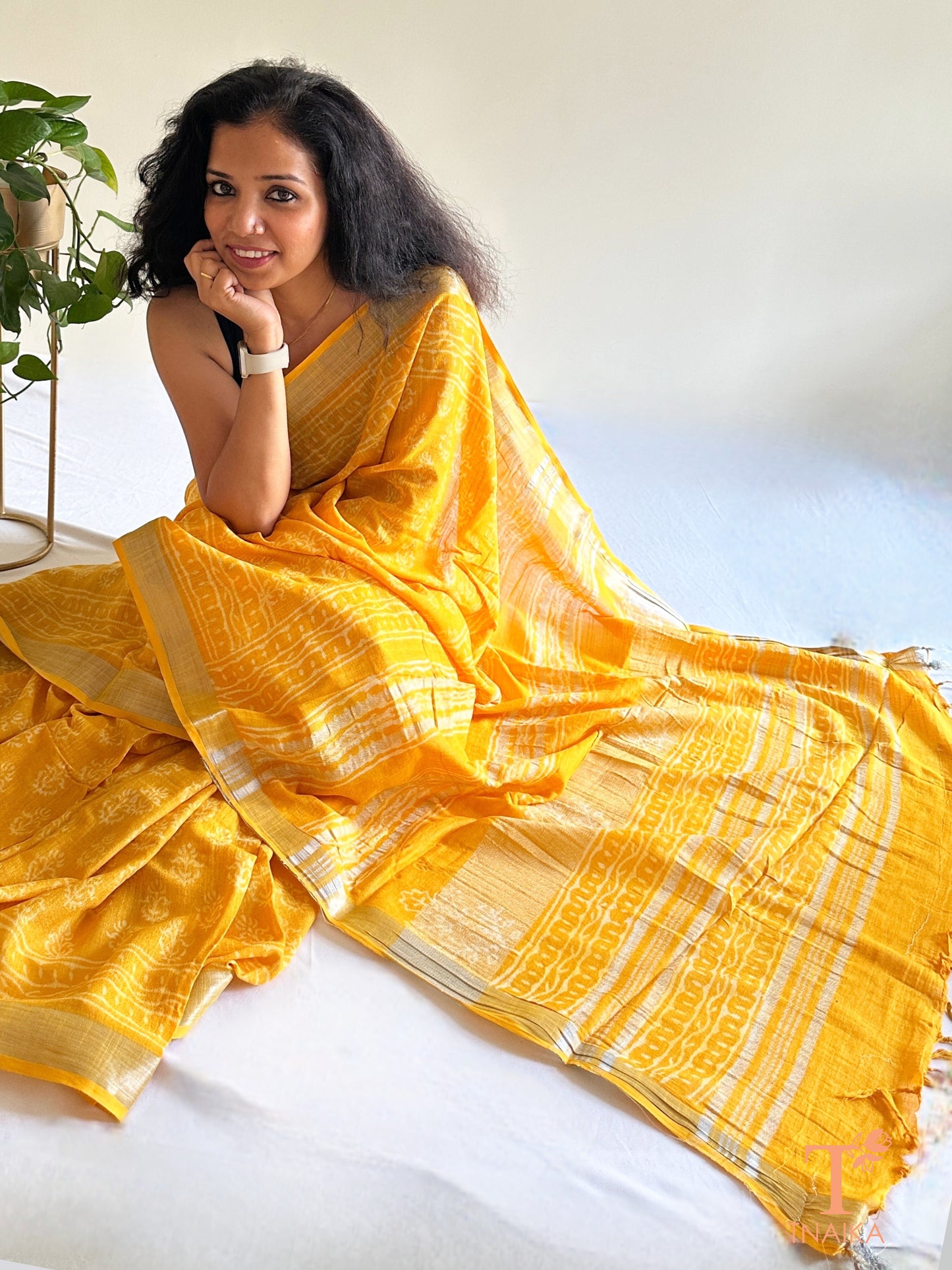 handblock printed haldi yellow linen blend saree