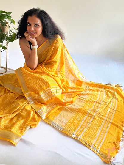 handblock printed haldi yellow linen blend saree