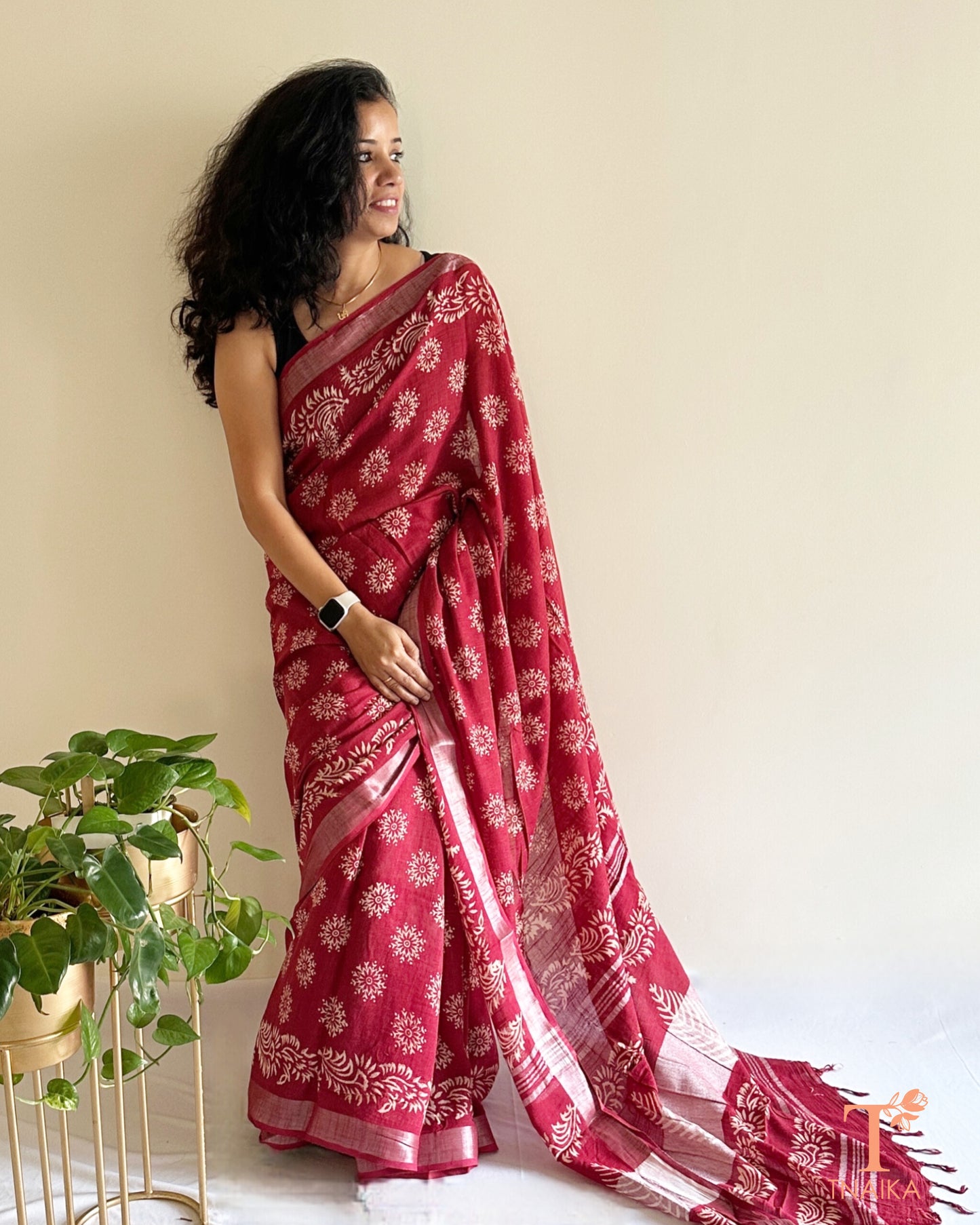 crimson natural dye cotton slub linen saree with floral block print