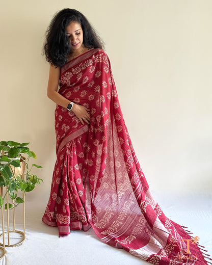 handblock printed red cotton slub linen saree draped on model