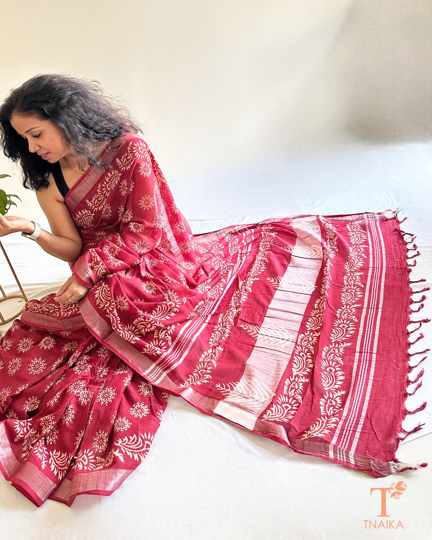 crimson natural dye cotton slub linen saree with floral block print