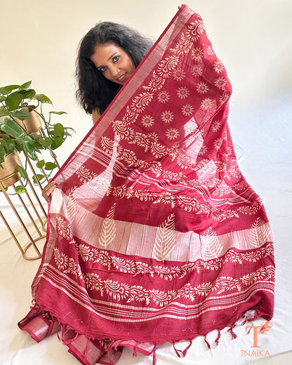 handblock printed red cotton slub linen saree draped on model