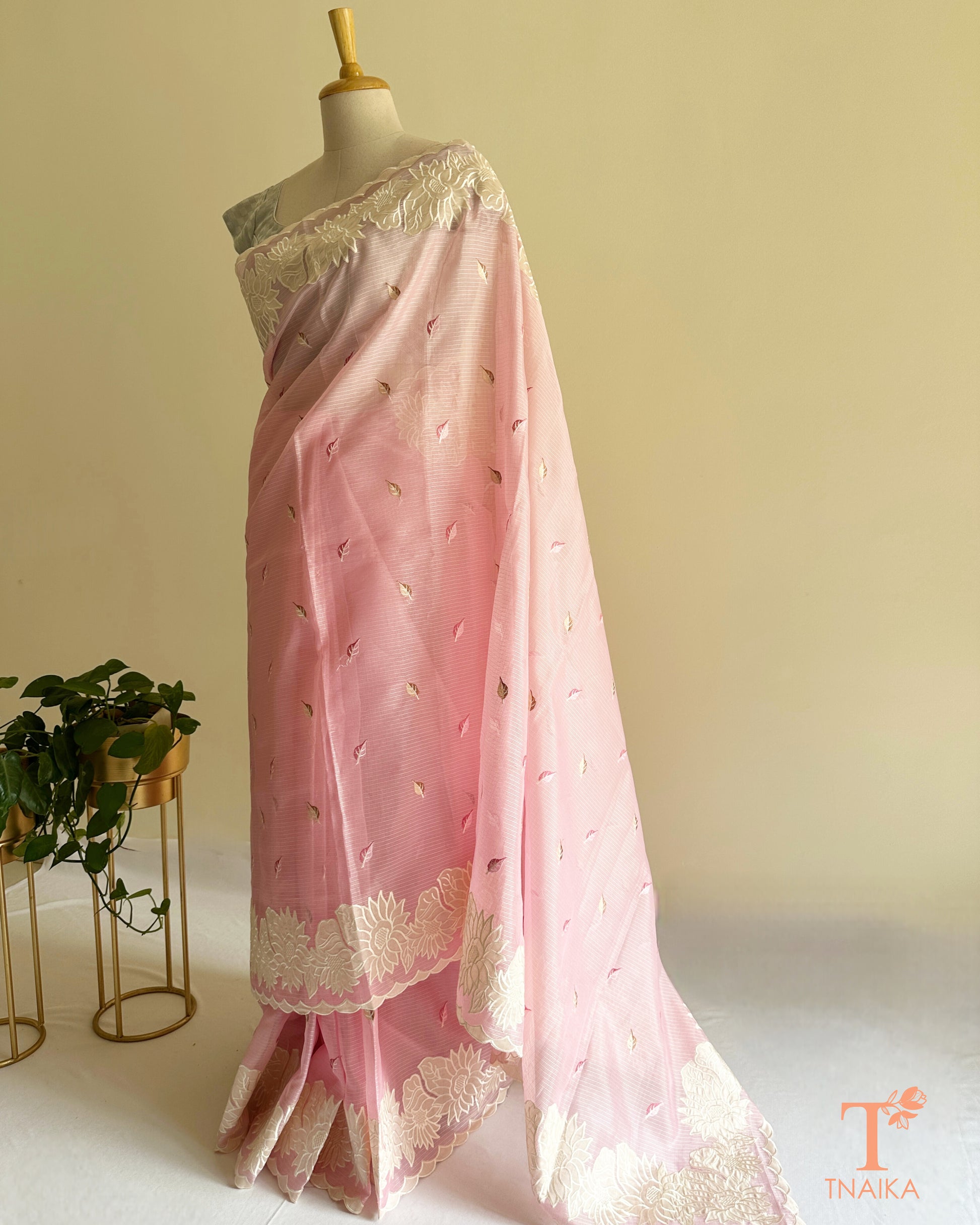 Pastel Kota saree with floral applique work