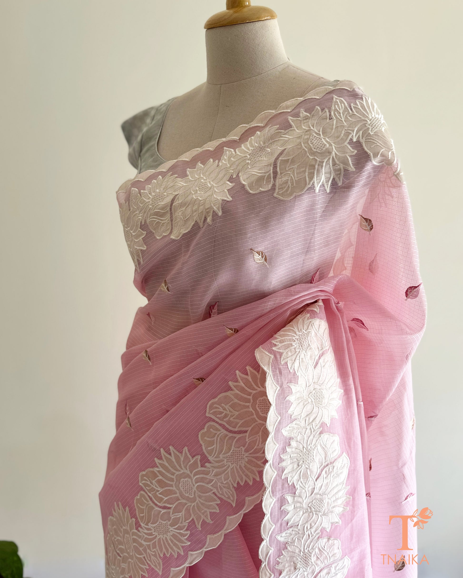 Parsi style applique work saree in soft pink