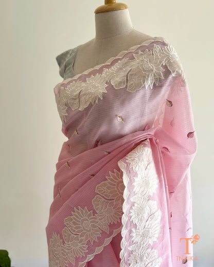 Parsi style applique work saree in soft pink