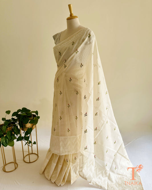 ivory kota silk saree with floral buti embroidery