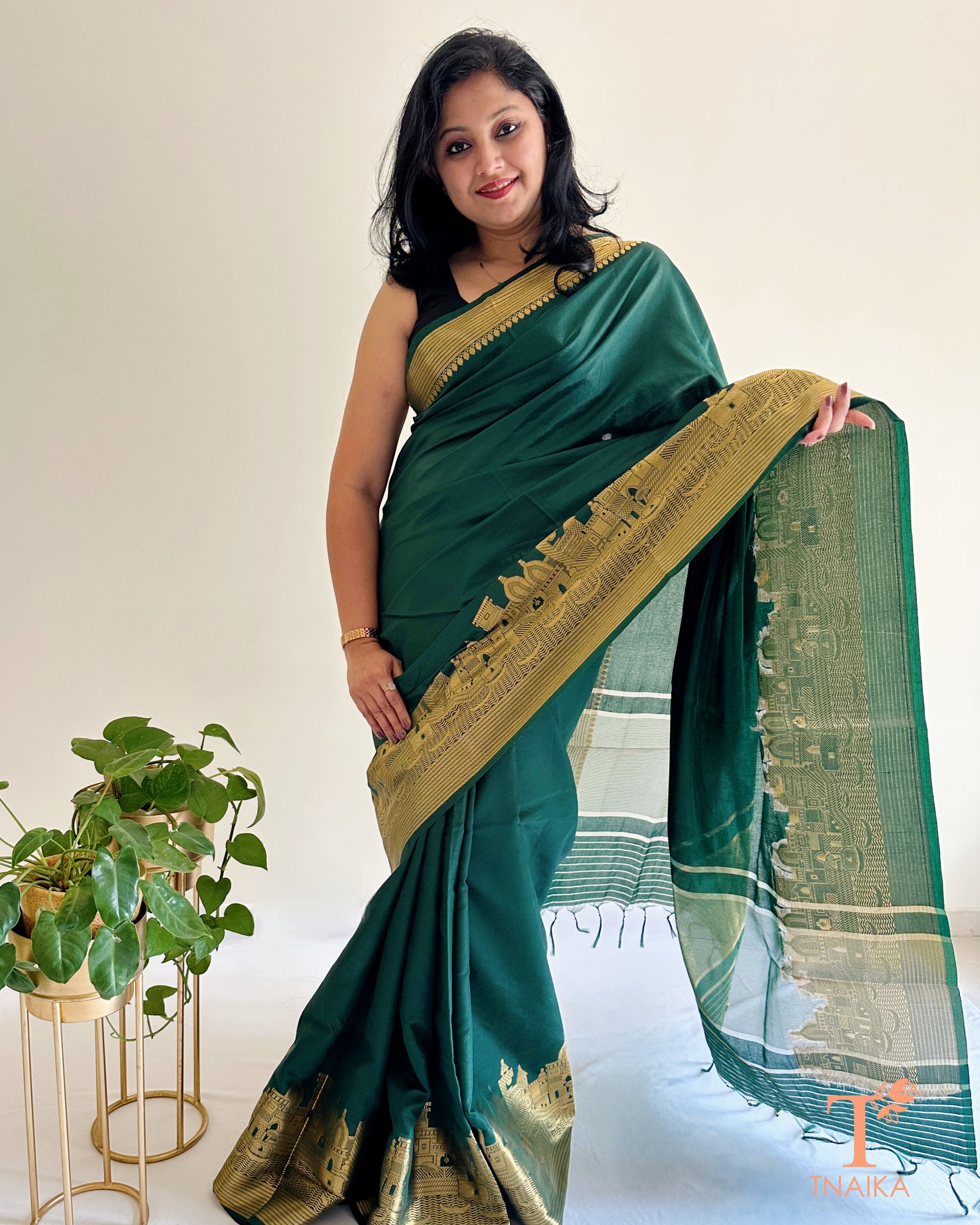 festive crepe silk saree with temple inspired border
