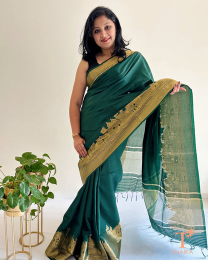 festive crepe silk saree with temple inspired border
