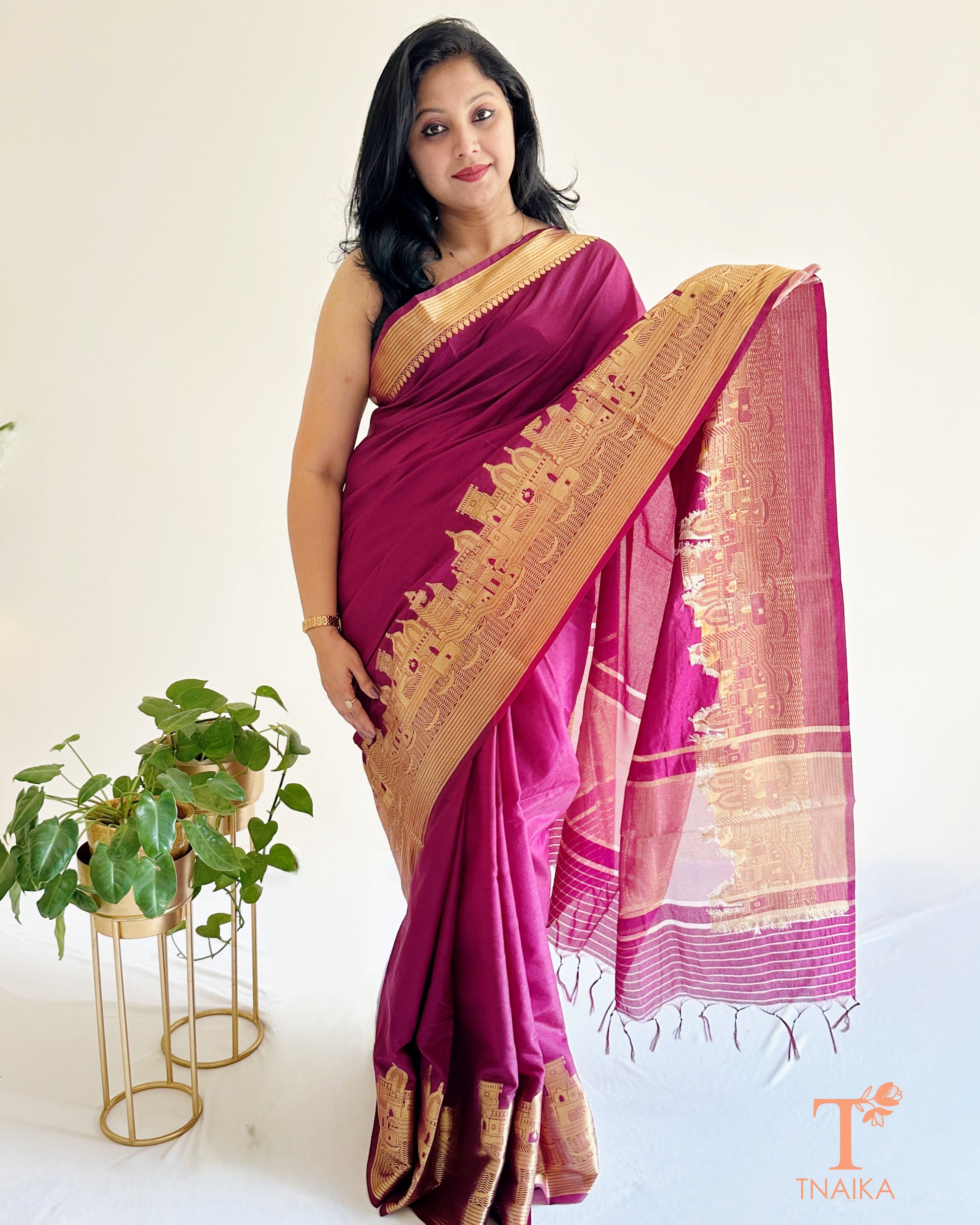 festive magenta crepe silk saree with woven motifs