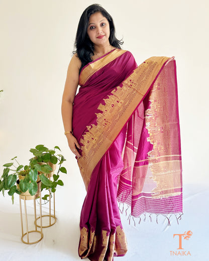 festive magenta crepe silk saree with woven motifs