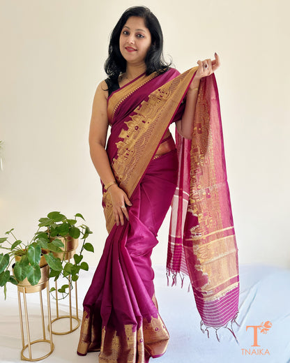 elegant rani pink silk saree draped on model