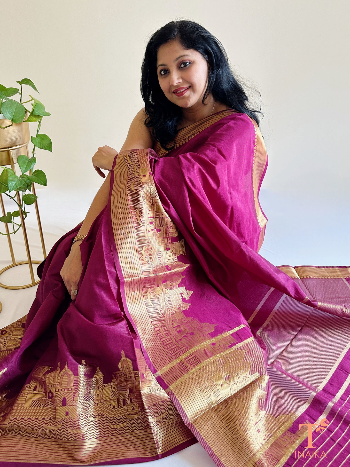 festive silk saree with heritage architectural motifs