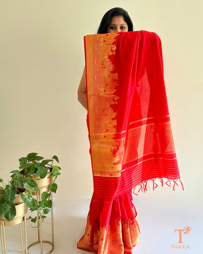 festive red crepe silk saree with heritage motifs