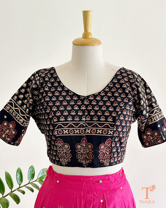 black ajrakh cotton blouse front view handblock print