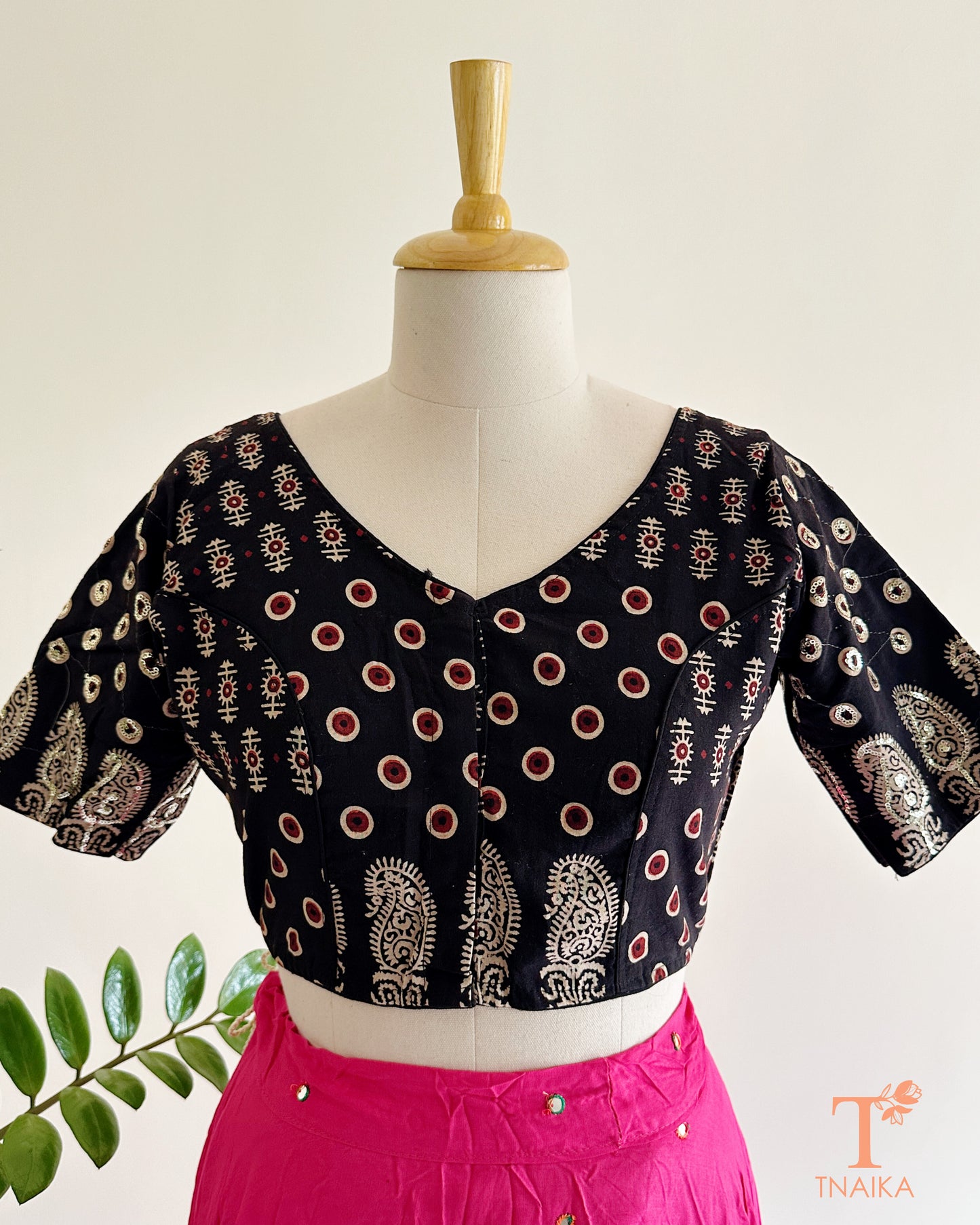 black ajrakh cotton blouse front view handblock print