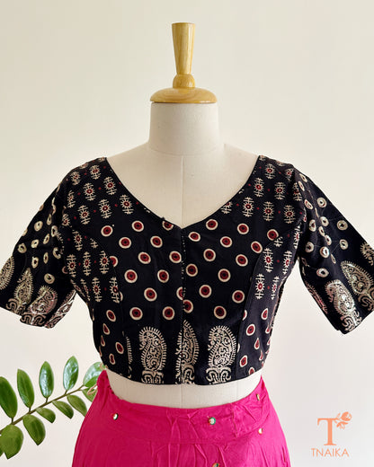 black ajrakh cotton blouse front view handblock print