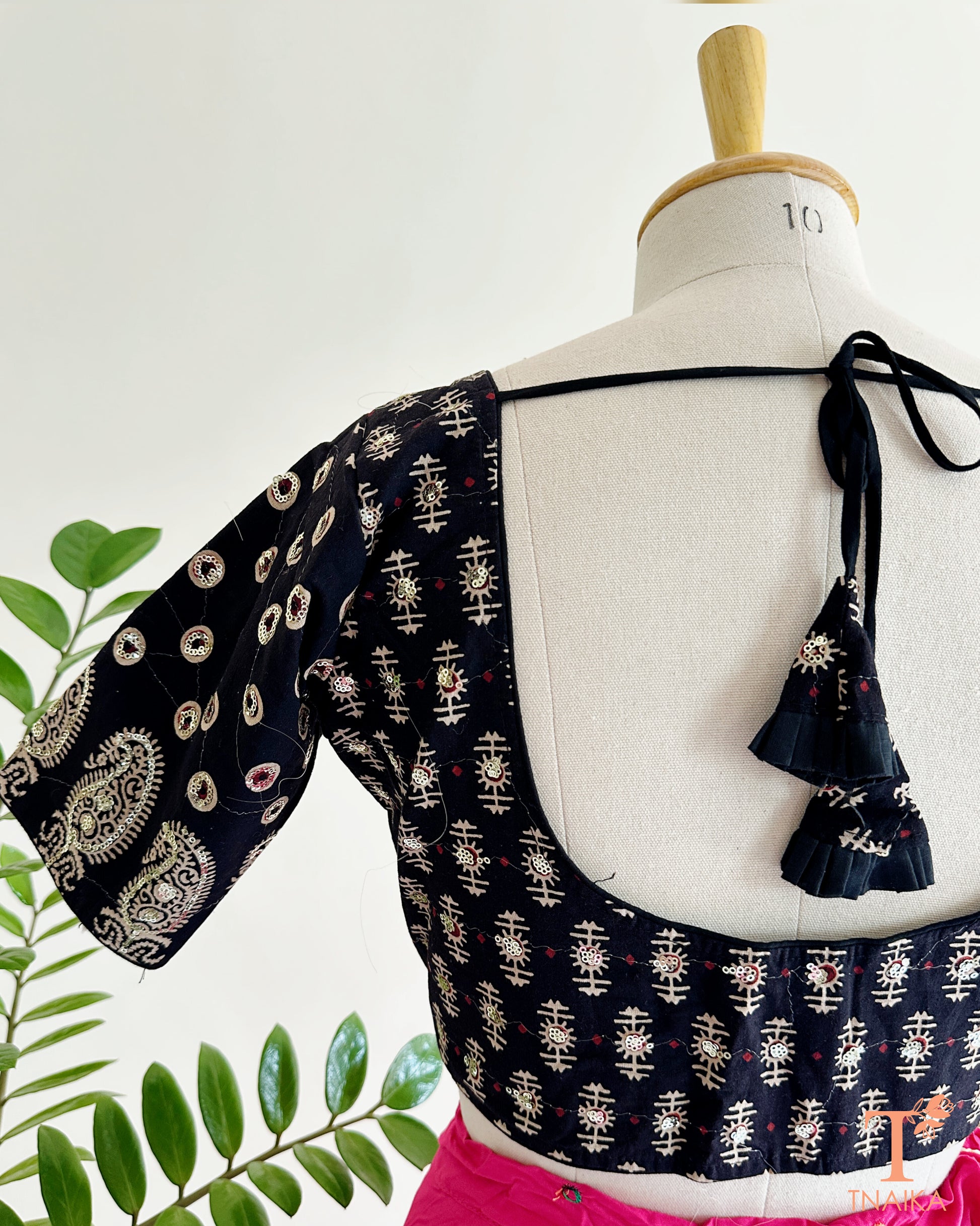 ajrakh blouse sleeve sequence detailing close up