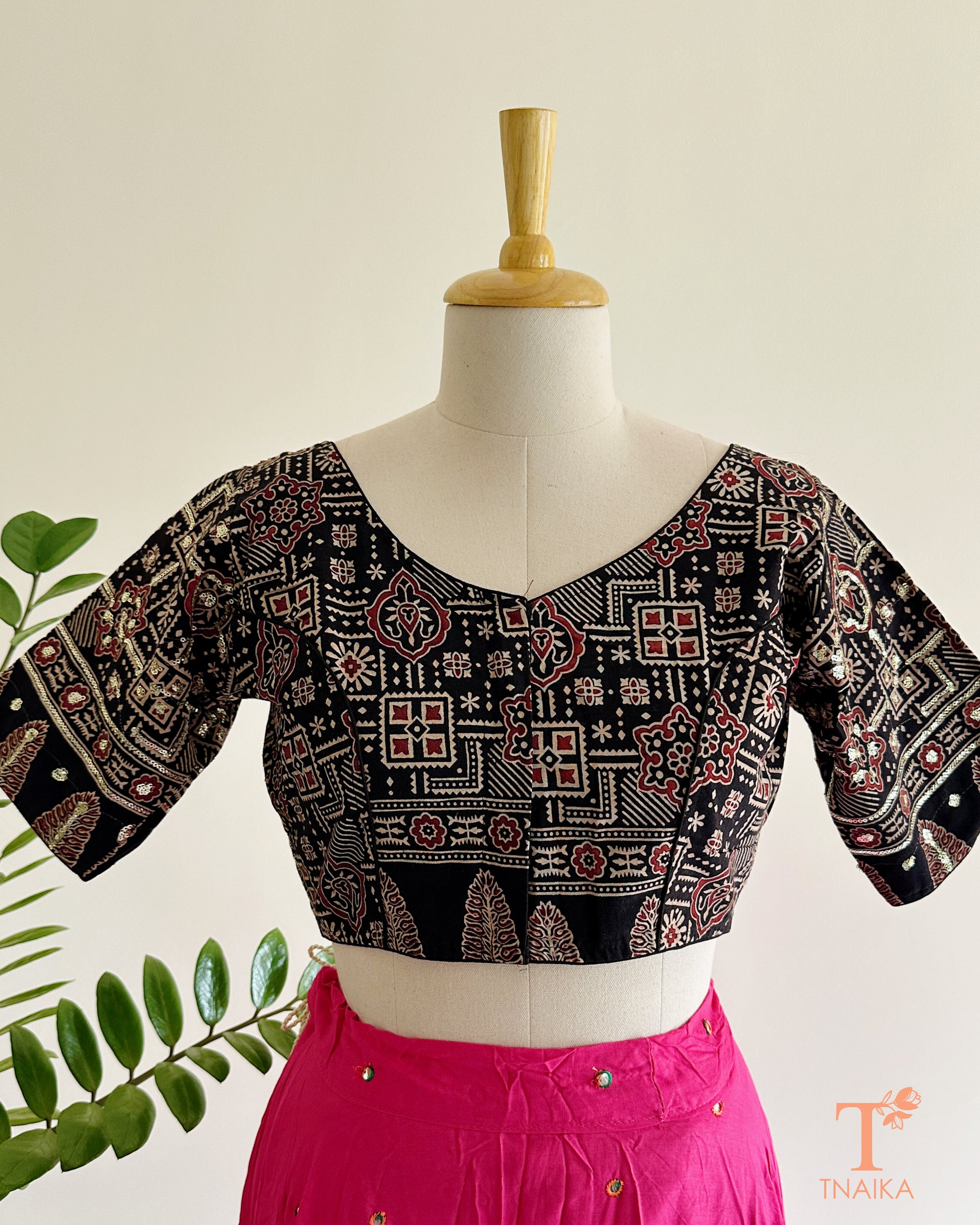 black ajrakh cotton blouse front view handblock print