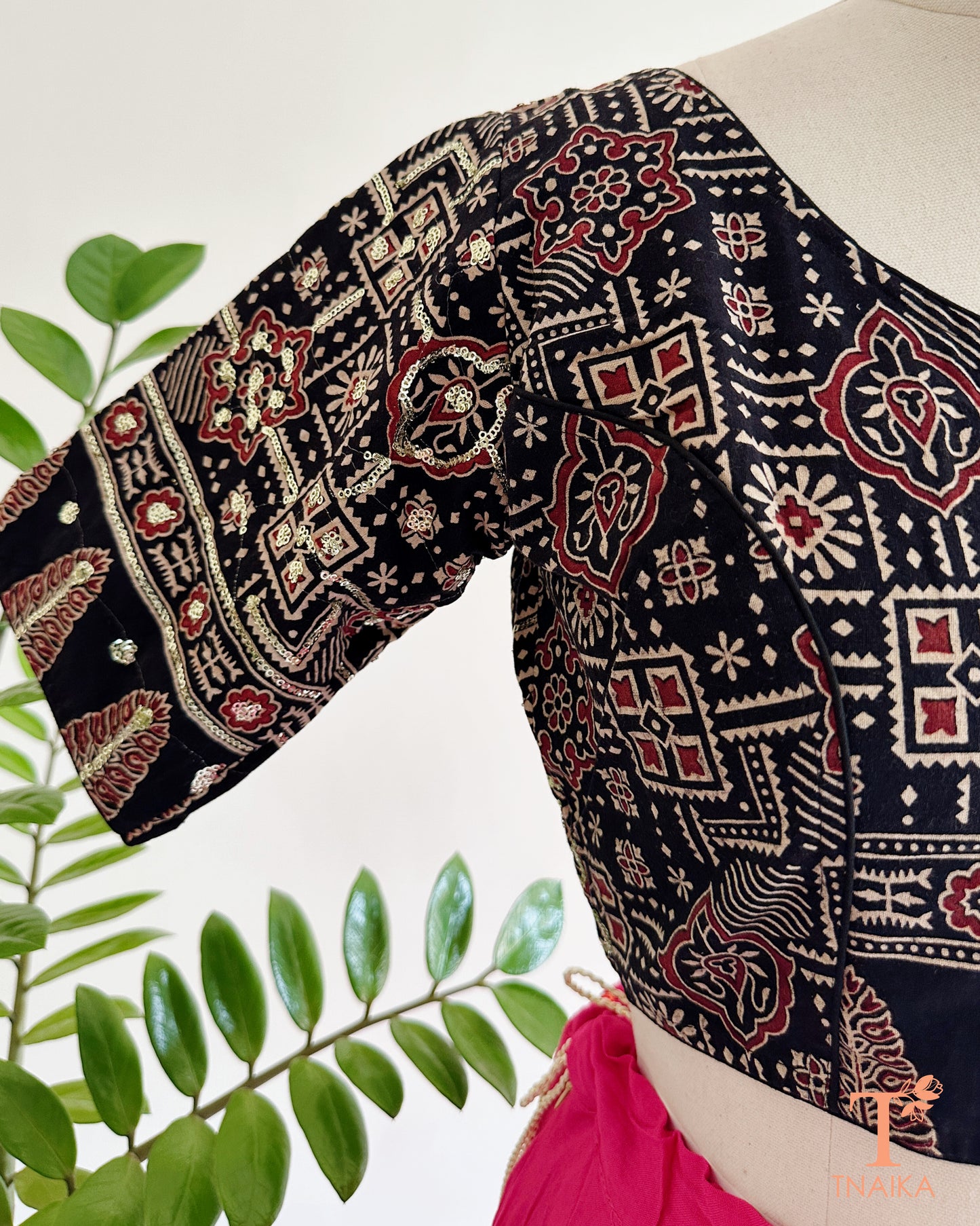 ajrakh blouse back tie up tassel design