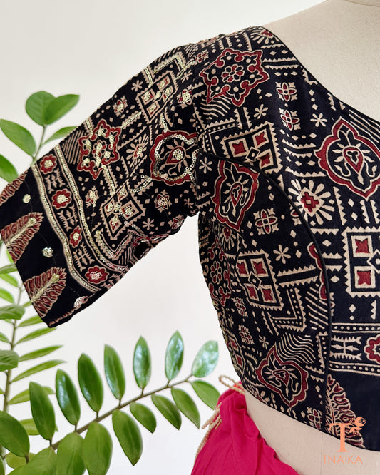 ajrakh blouse back tie up tassel design