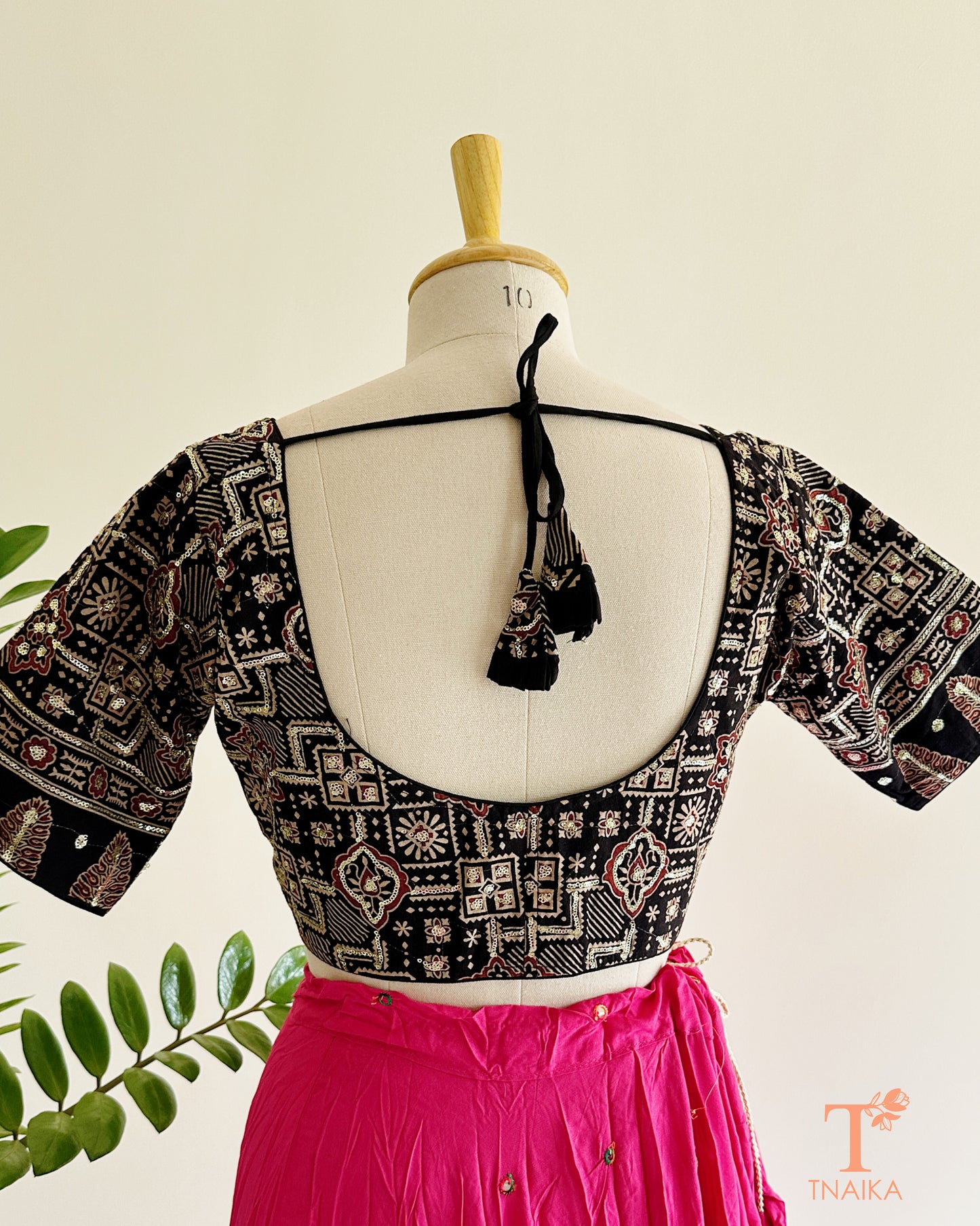 ajrakh blouse sleeve sequence detailing close up