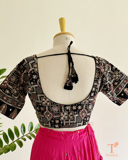 ajrakh blouse sleeve sequence detailing close up