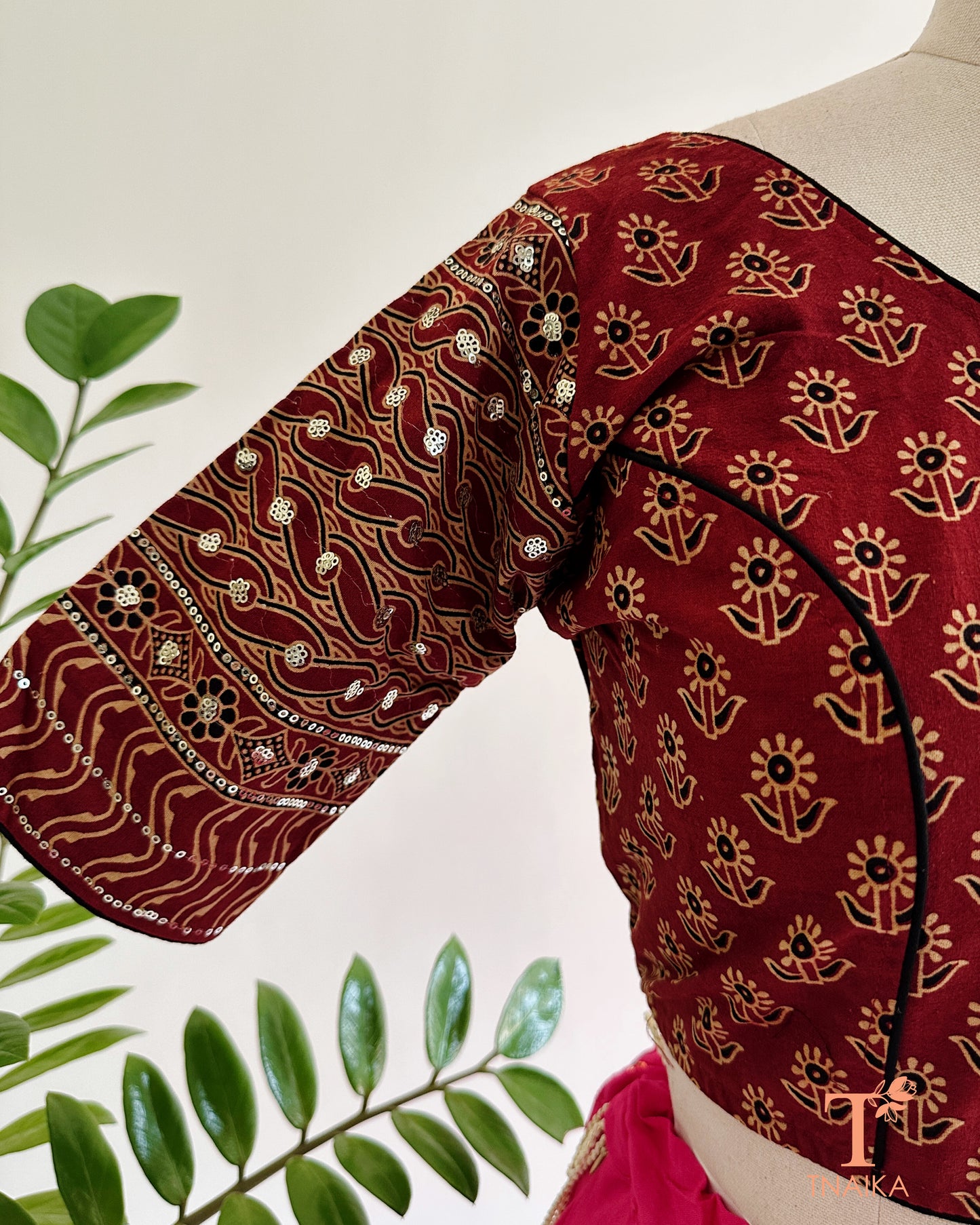 ajrakh blouse sleeve sequence detailing close up