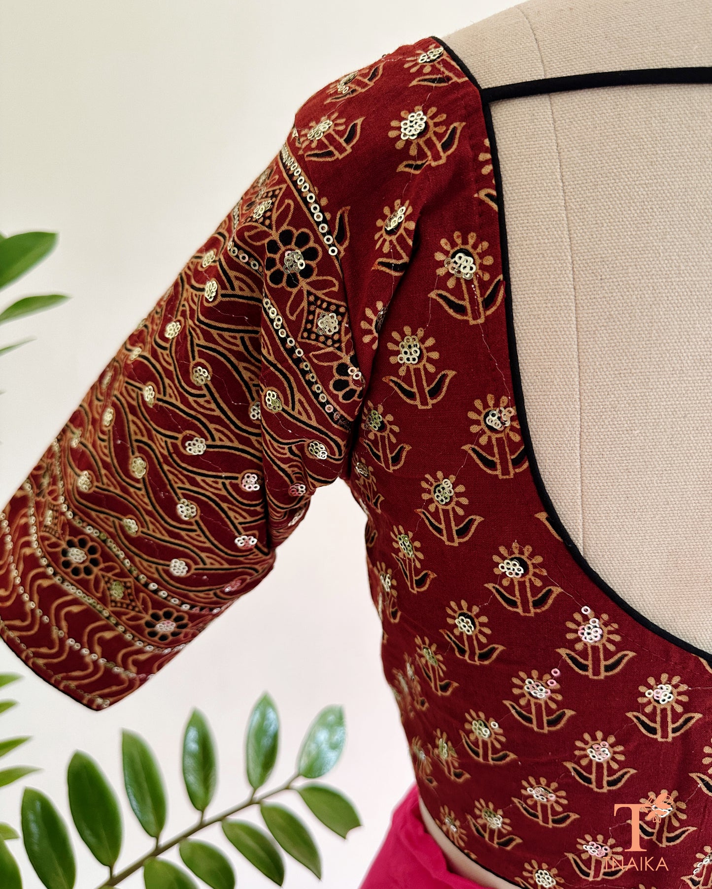 ajrakh blouse back tie up tassel design