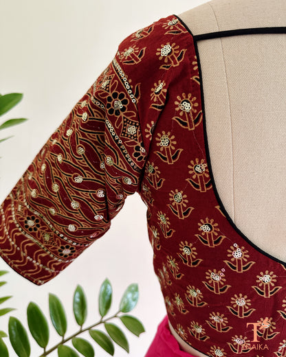 ajrakh blouse back tie up tassel design