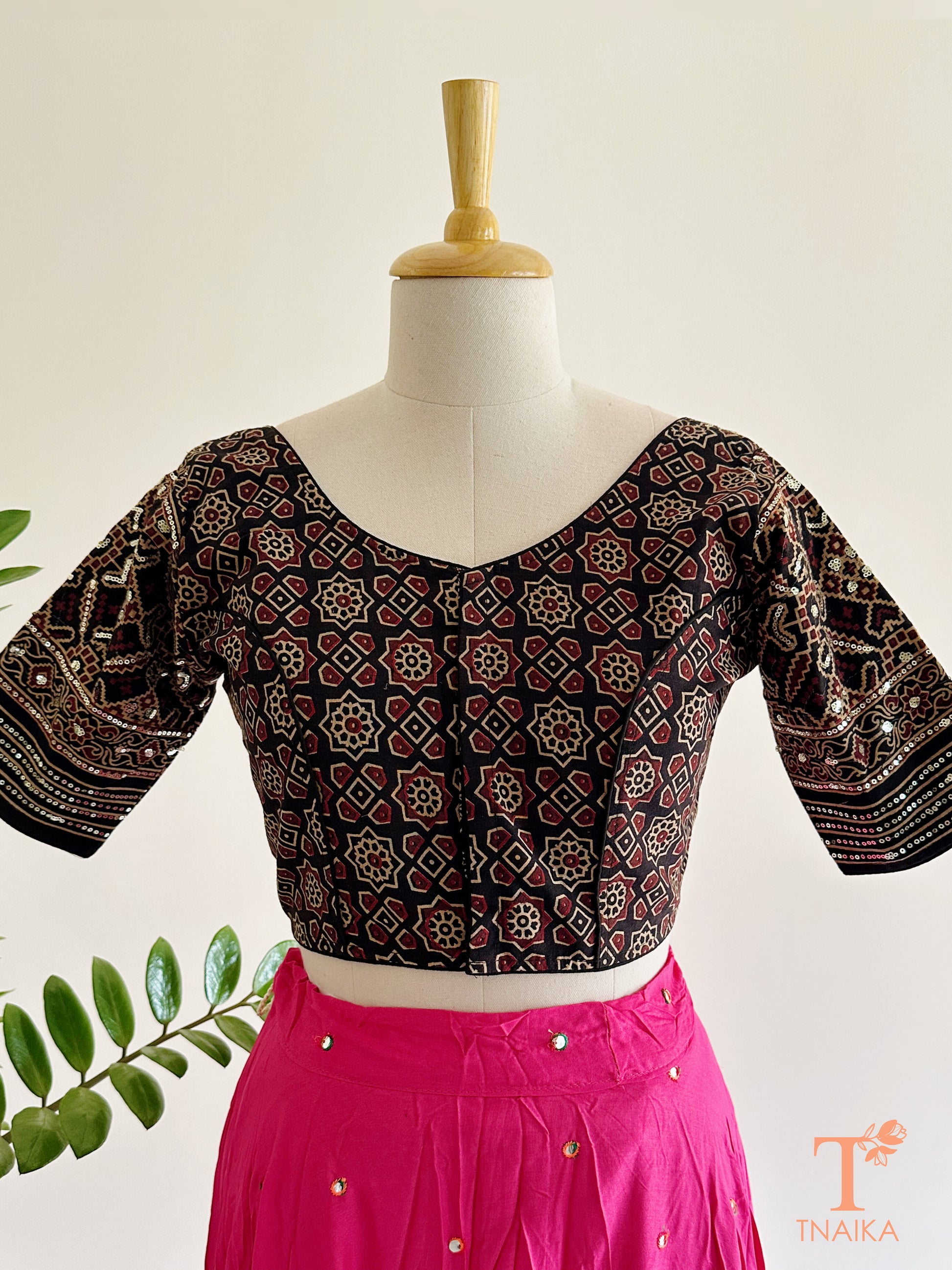 black ajrakh cotton blouse front view handblock print