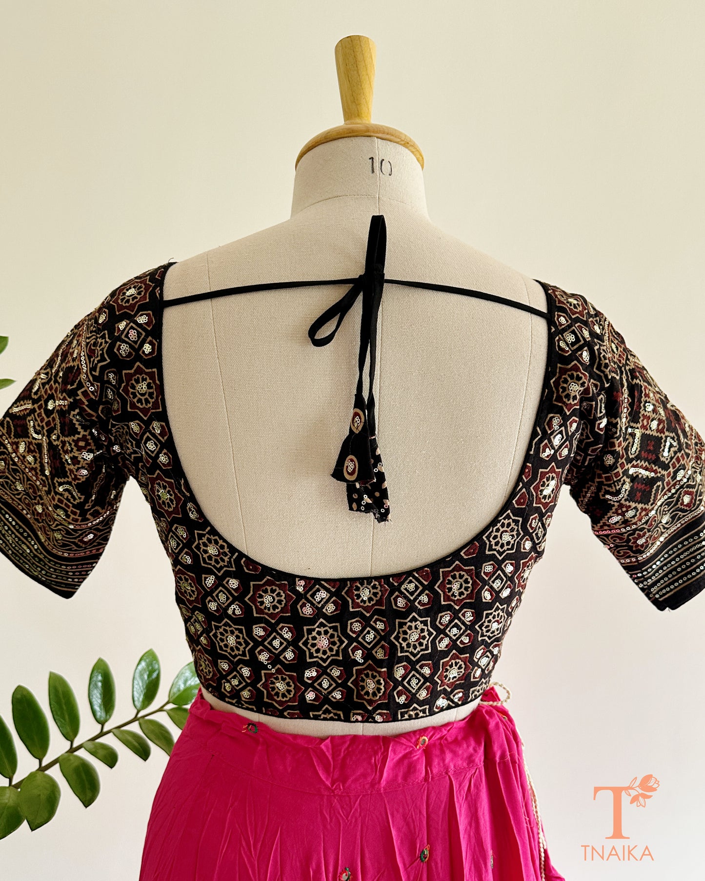 ajrakh blouse sleeve sequence detailing close up
