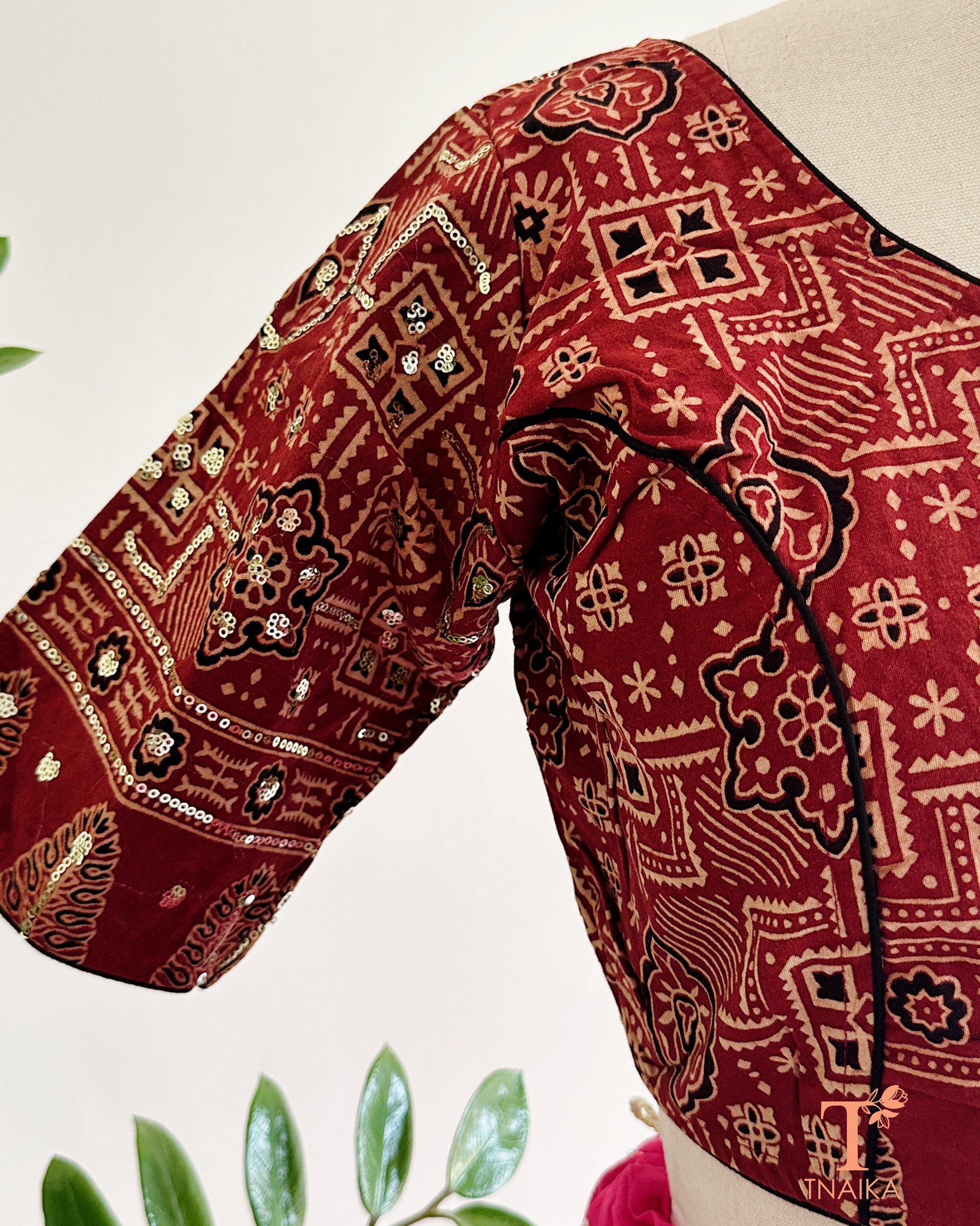 ajrakh blouse back tie up tassel design