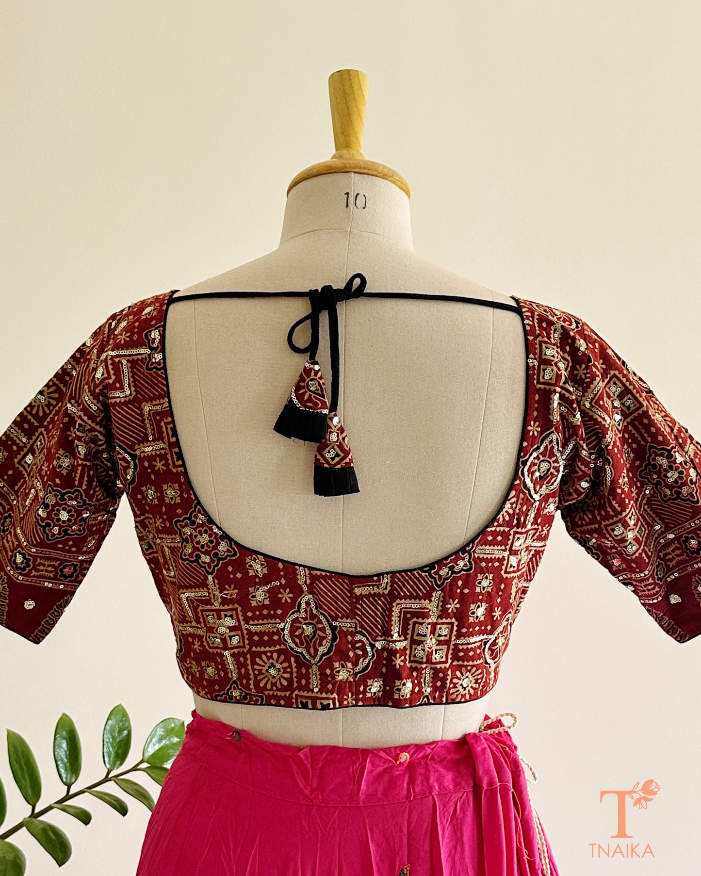 ajrakh blouse sleeve sequence detailing close up