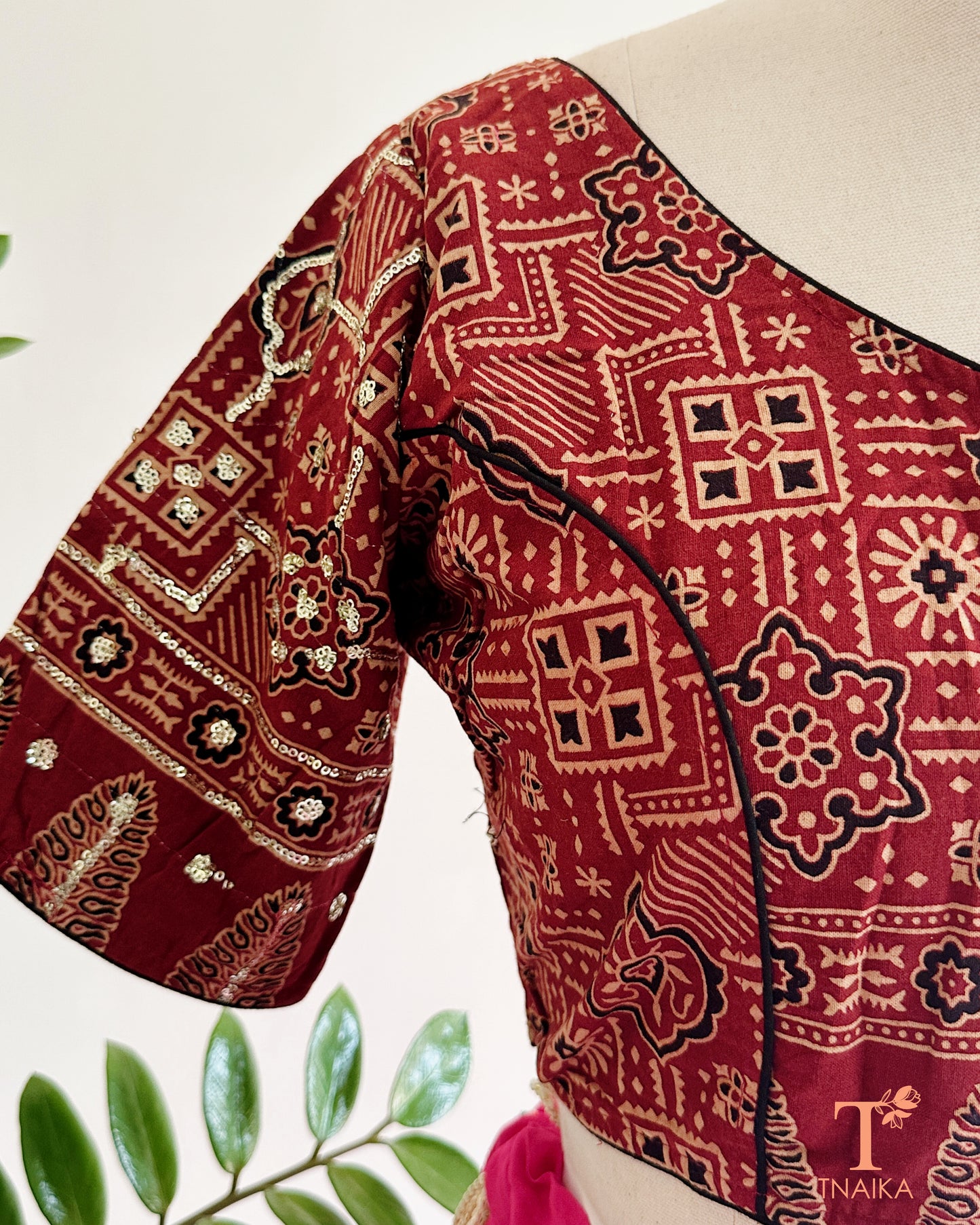 ajrakh blouse back tie up tassel design