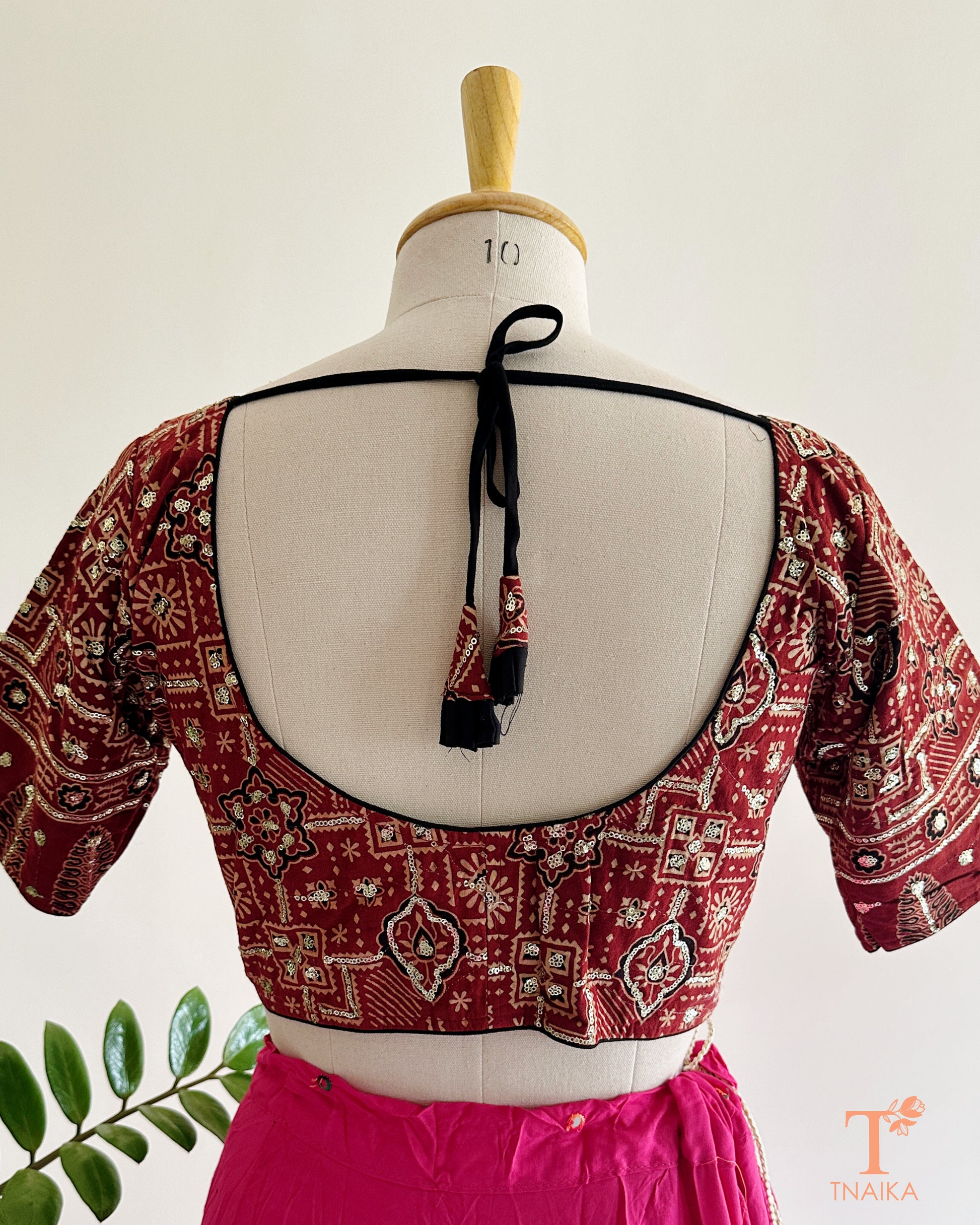 ajrakh blouse sleeve sequence detailing close up