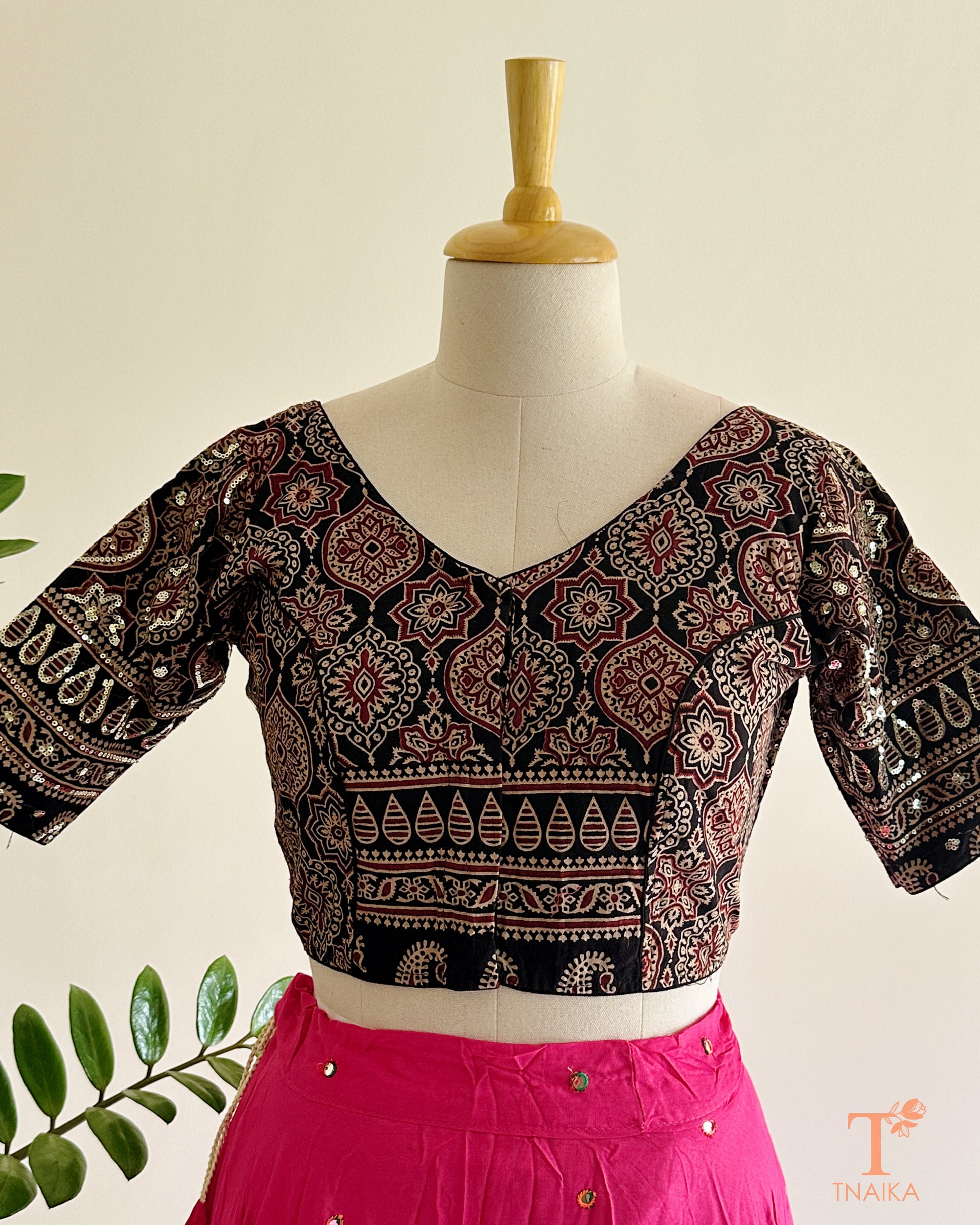 black ajrakh cotton blouse front view handblock print