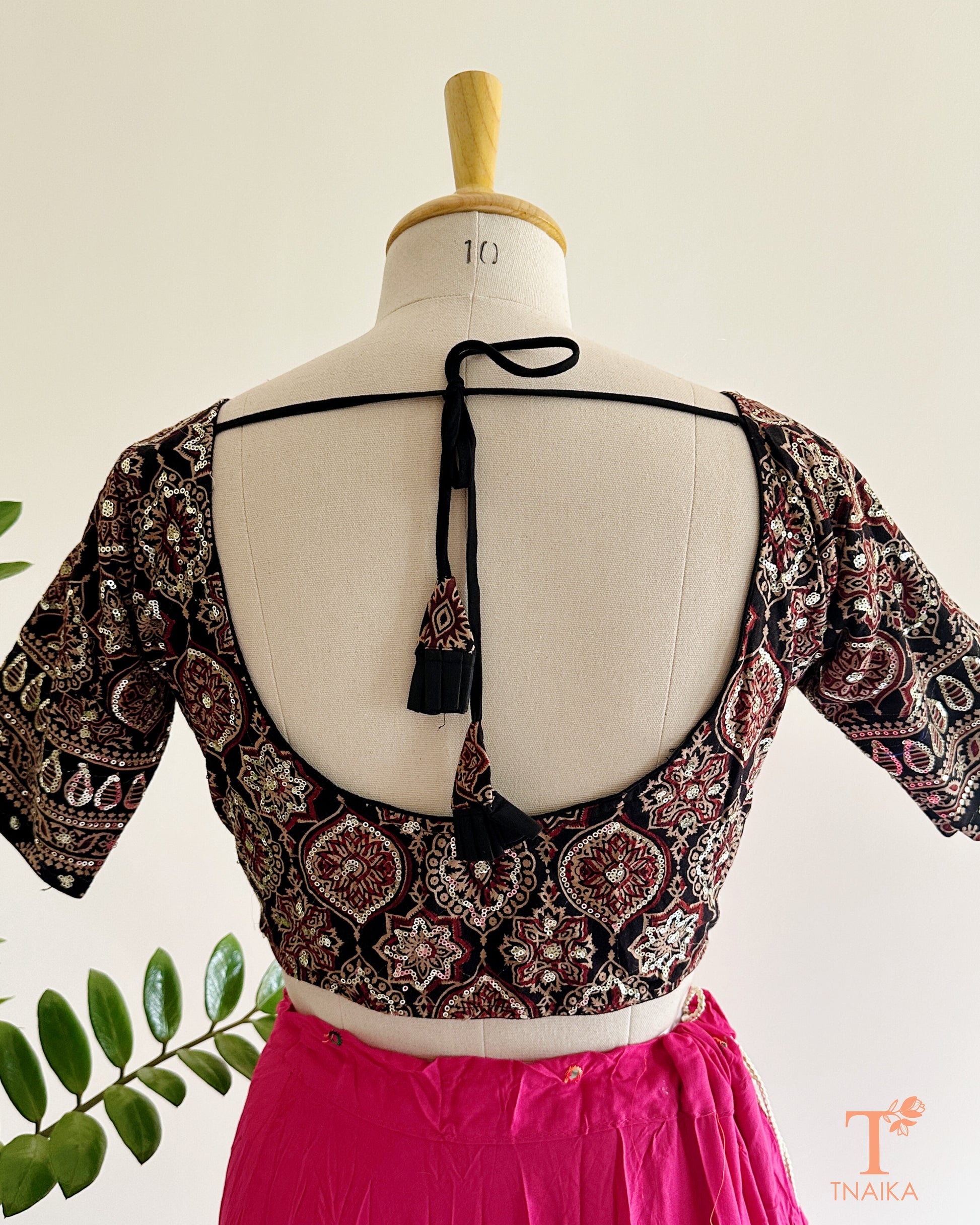 ajrakh blouse sleeve sequence detailing close up