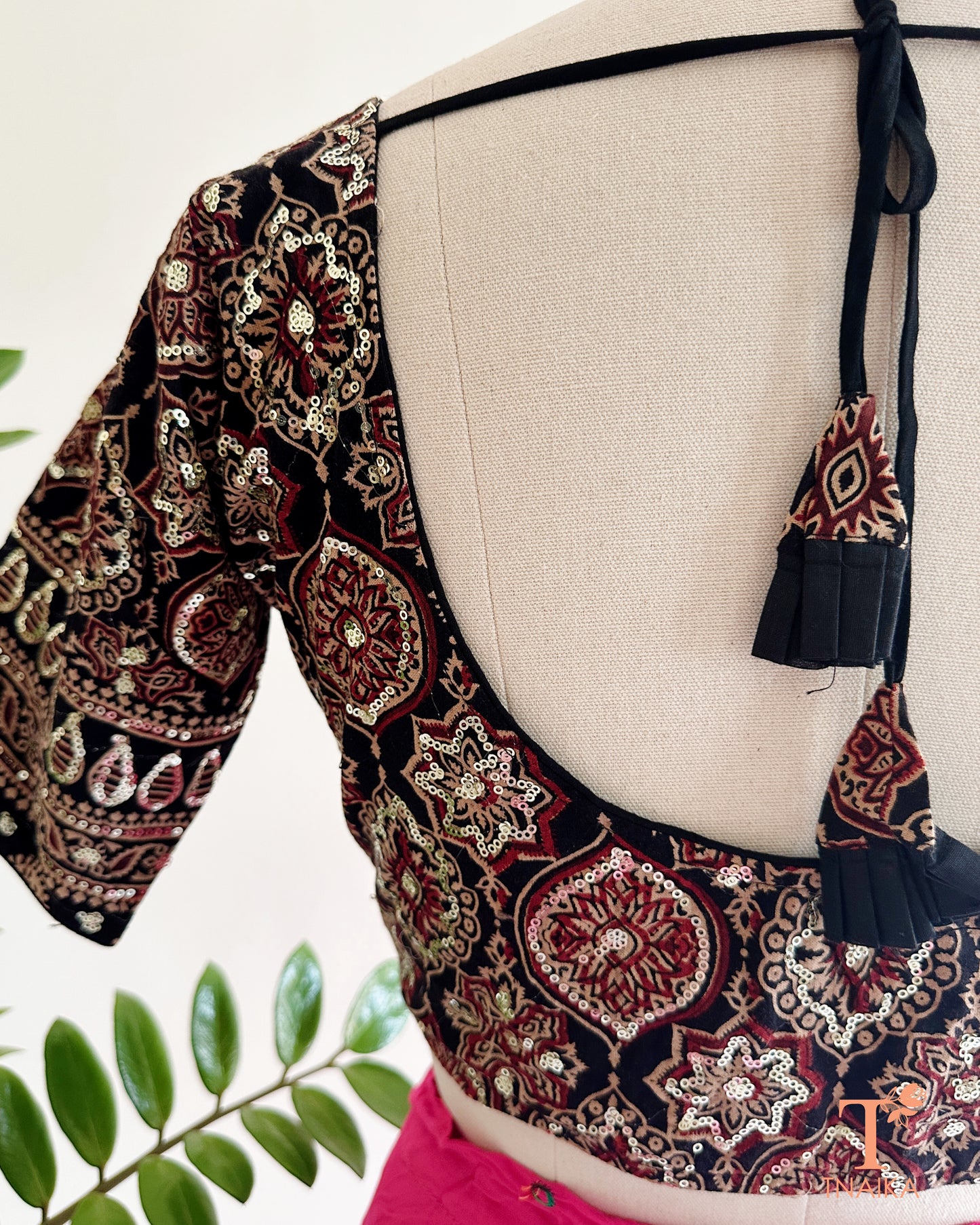 ajrakh blouse back tie up tassel design