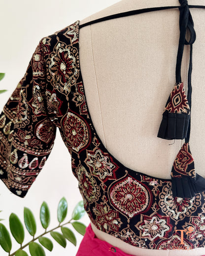 ajrakh blouse back tie up tassel design