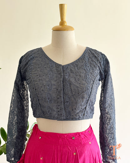 chikankari full sleeve embroidered blouse with lace sleeves