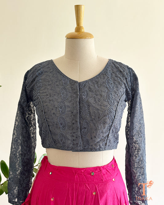 chikankari full sleeve embroidered blouse with lace sleeves